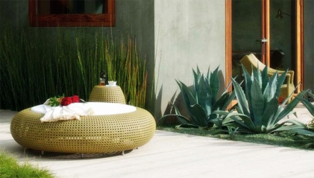 Circular Ottoman In Wicker And Side Table in Table