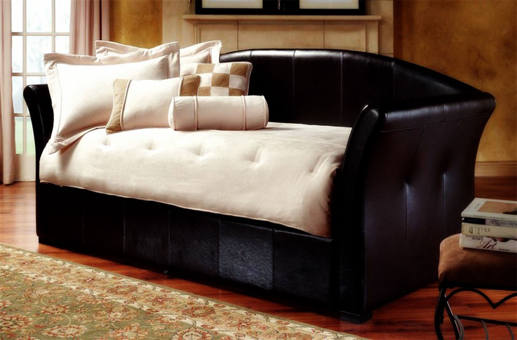 Contemporary Looking Dark Brown Leather Daybed in Bedroom
