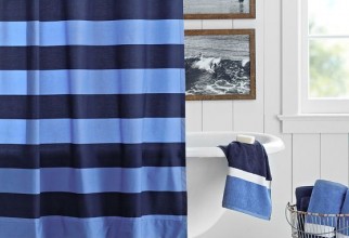 558x558px Navy Stripe Shower Curtain Picture in Curtain